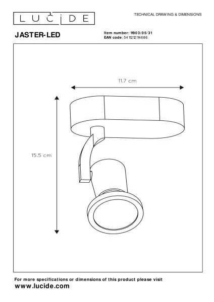 Lucide JASTER-LED - Ceiling spotlight - LED - GU10 - 1x5W 2700K - White - technical